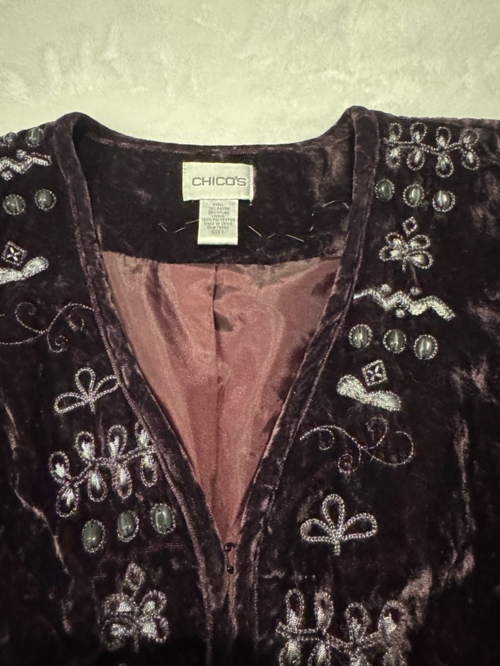 Chico's Embroidered Velvet Jacket in Plum